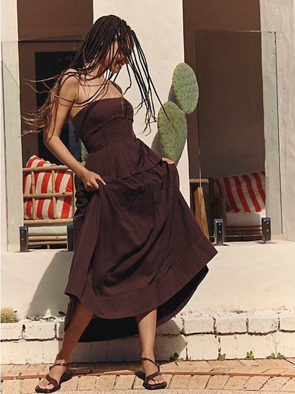 Free People Chocolate Brown Strapless Tiered Midi Dress - Picture 1 of 2